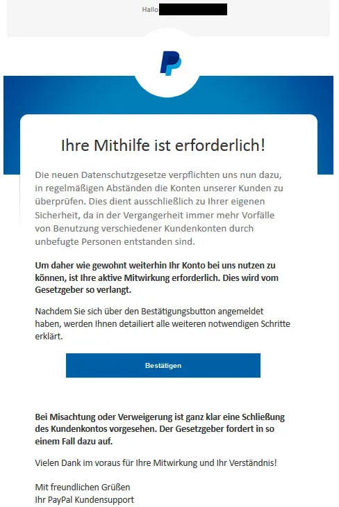 Phishing-Mail Beispiel PayPal