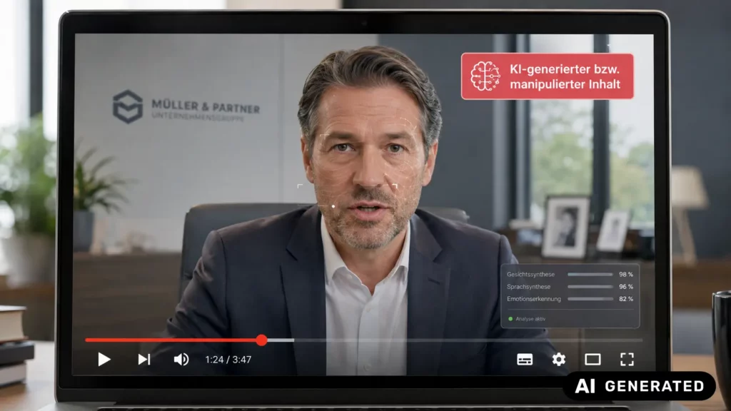 Beispiel Deepfake Video von einem mit KI generierten Geschäftsführer 