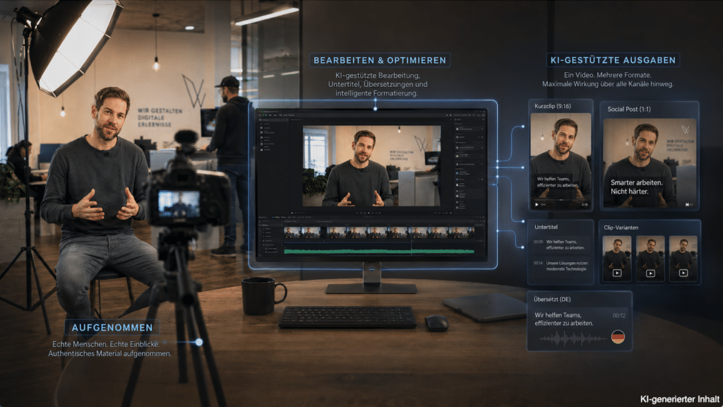 Hybrider Workflow aus realer Videoaufnahme, KI-gestützter Bearbeitung und verschiedenen Social-Media-Videoformaten.